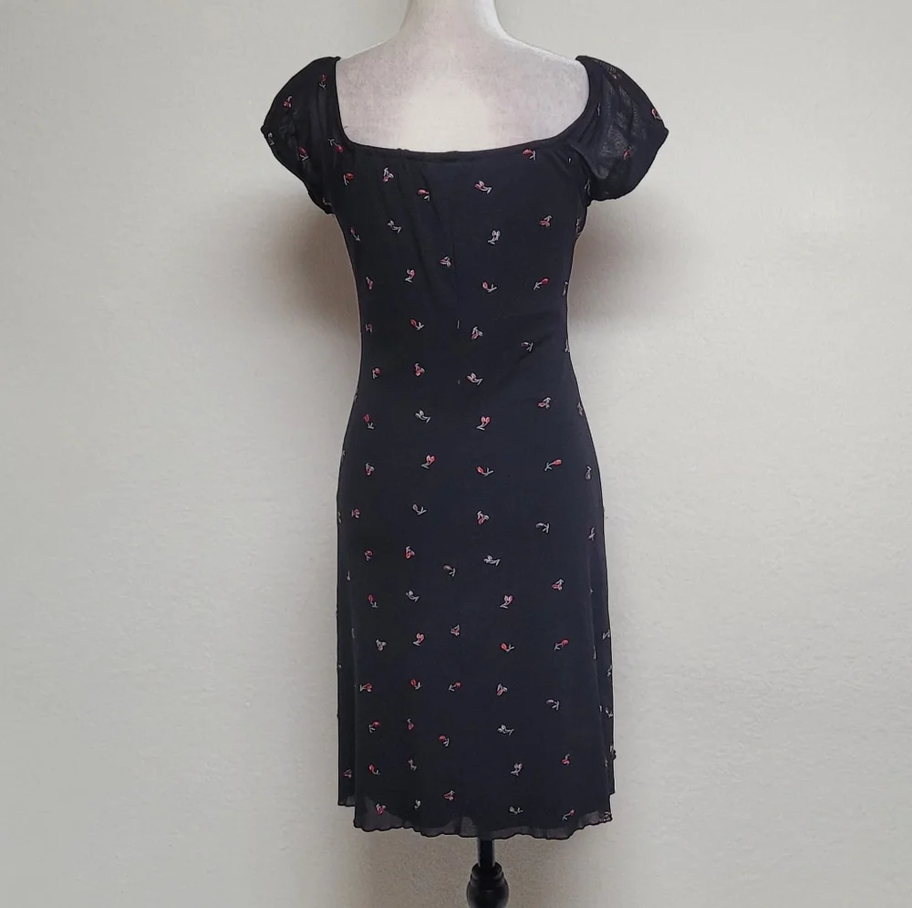 Rampage Vintage 80s Whimsigoth Black Red Ditsy Floral Puff Sleeve Babydoll Dress - Picture 7 of 11